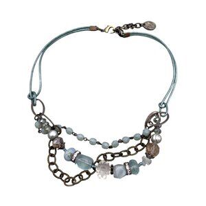 Lu Marked Three Strand Faceted Beaded Pearl Rhinestone Chain Necklace